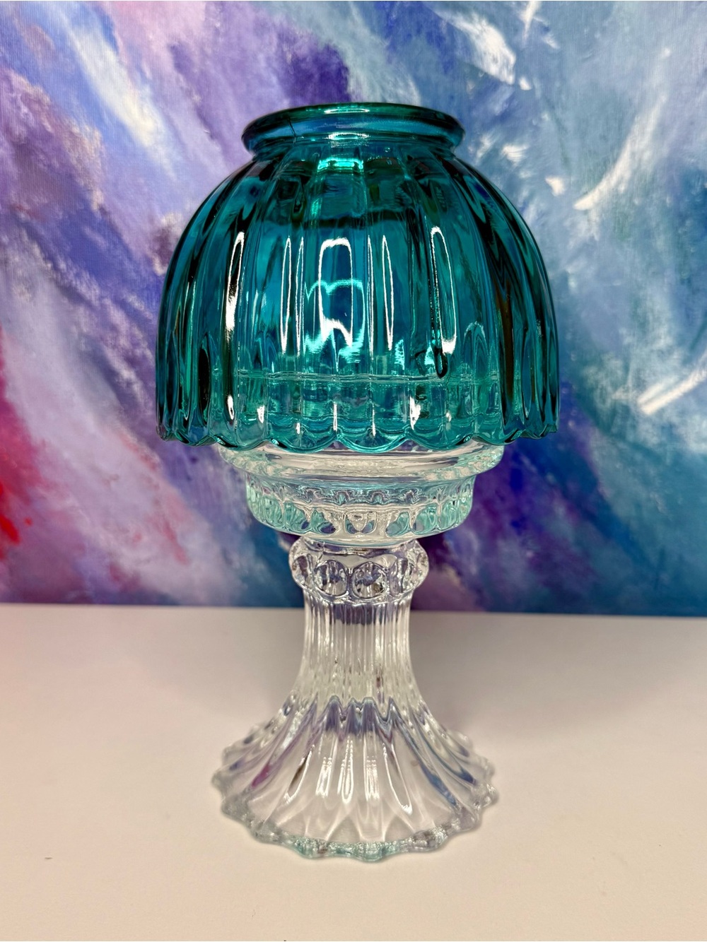 LE Smith Teal Blue Clear Fairy Lamp Candle Holder Pressed Glass Vintage Umbrella